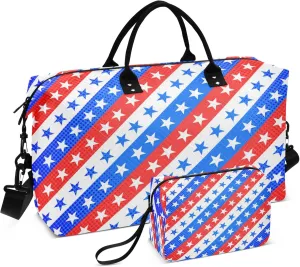 Exnundod Usa Stars Stripes Travel Duffel Bags for Women July 4th Sports Gym Bag Weekender Carry On Tote Overnight Luggage Duffle Bags