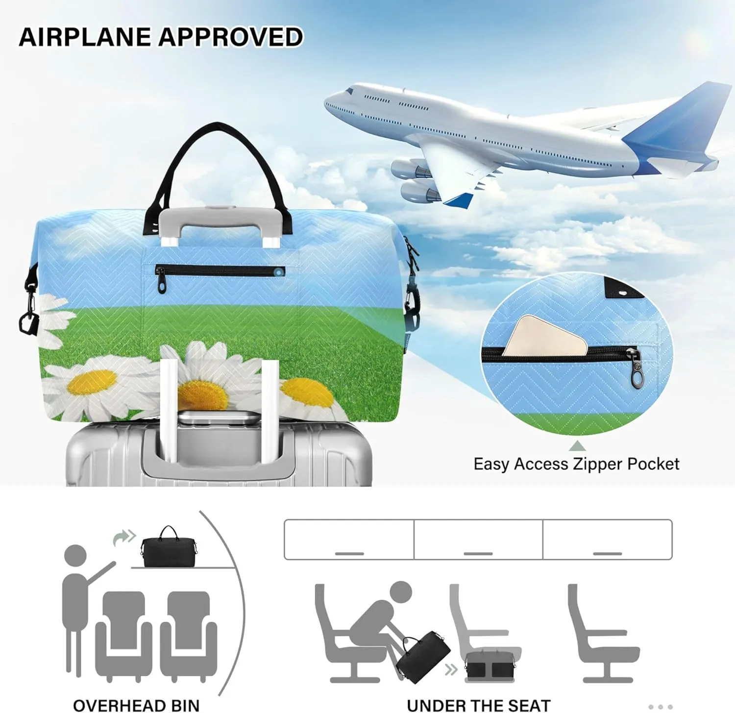 Exnundod Women Weekender Bags Field Of Daisies Travel Duffel Bags Carry On Overnight Bag Green Meadow Large Hospital Tote Luggage
