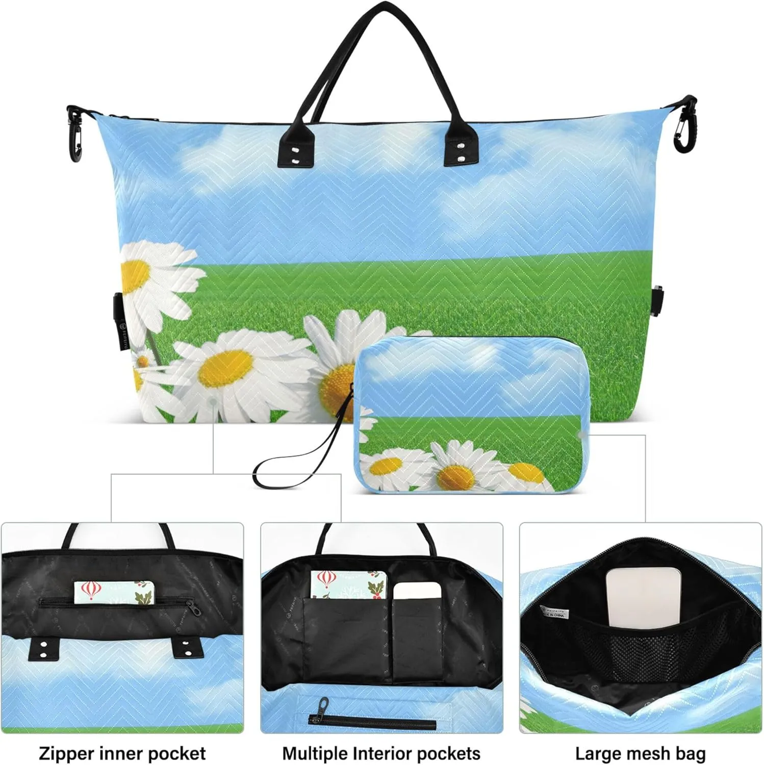 Exnundod Women Weekender Bags Field Of Daisies Travel Duffel Bags Carry On Overnight Bag Green Meadow Large Hospital Tote Luggage