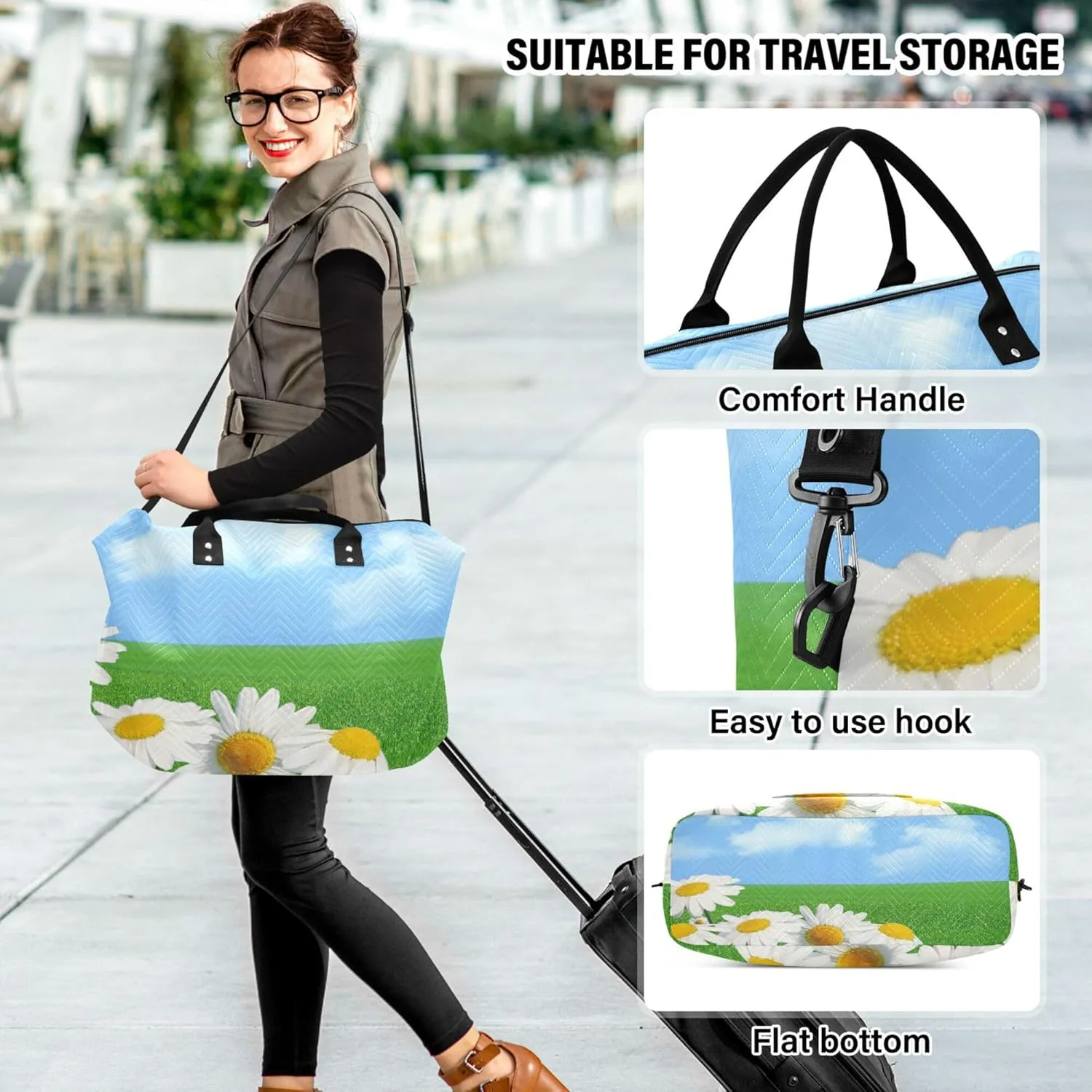 Exnundod Women Weekender Bags Field Of Daisies Travel Duffel Bags Carry On Overnight Bag Green Meadow Large Hospital Tote Luggage