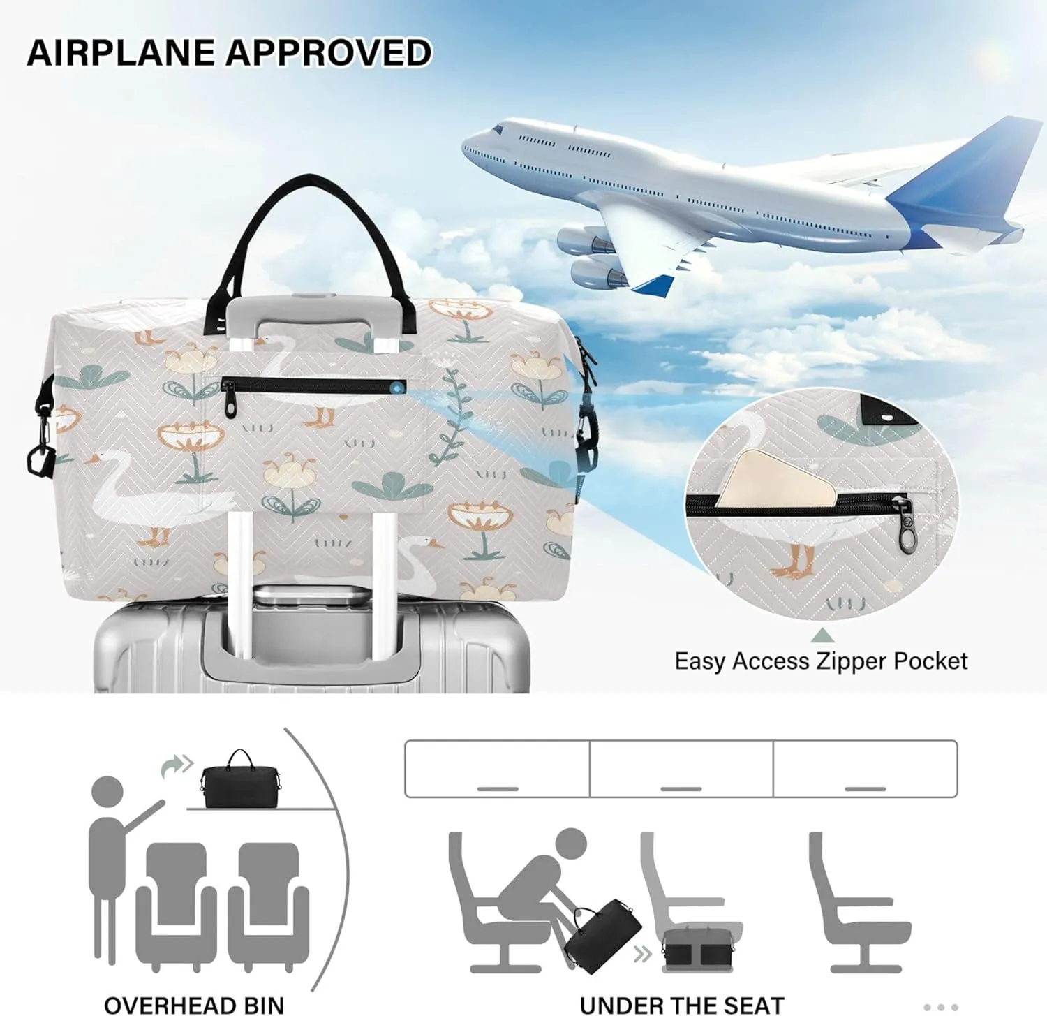 Exnundod Women Weekender Bags Goose Doodle Flowers Travel Duffel Bags Carry On Overnight Bag Farm Meadow Cute Large Hospital Tote Luggage