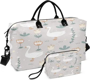 Exnundod Women Weekender Bags Goose Doodle Flowers Travel Duffel Bags Carry On Overnight Bag Farm Meadow Cute Large Hospital Tote Luggage