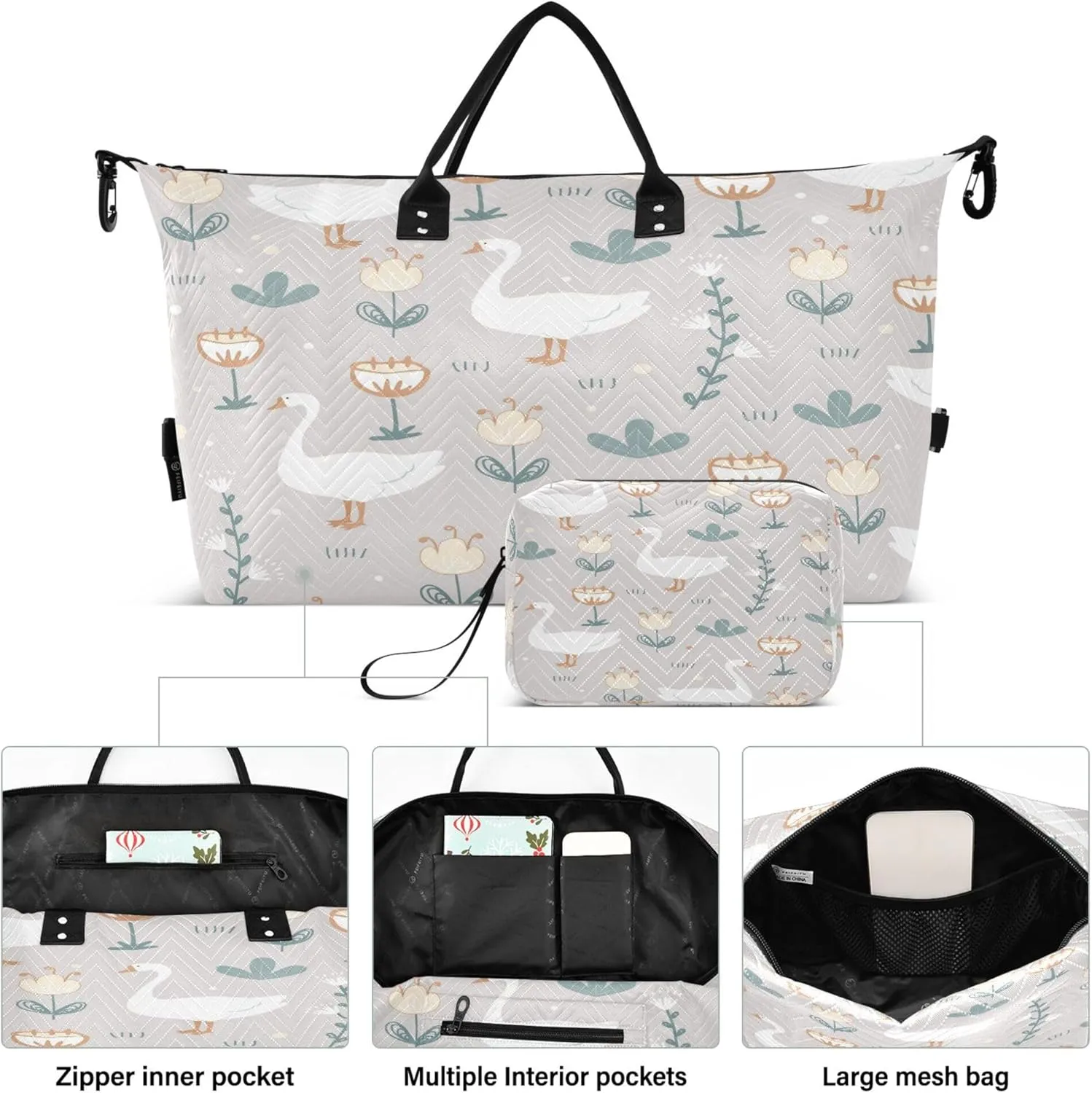 Exnundod Women Weekender Bags Goose Doodle Flowers Travel Duffel Bags Carry On Overnight Bag Farm Meadow Cute Large Hospital Tote Luggage