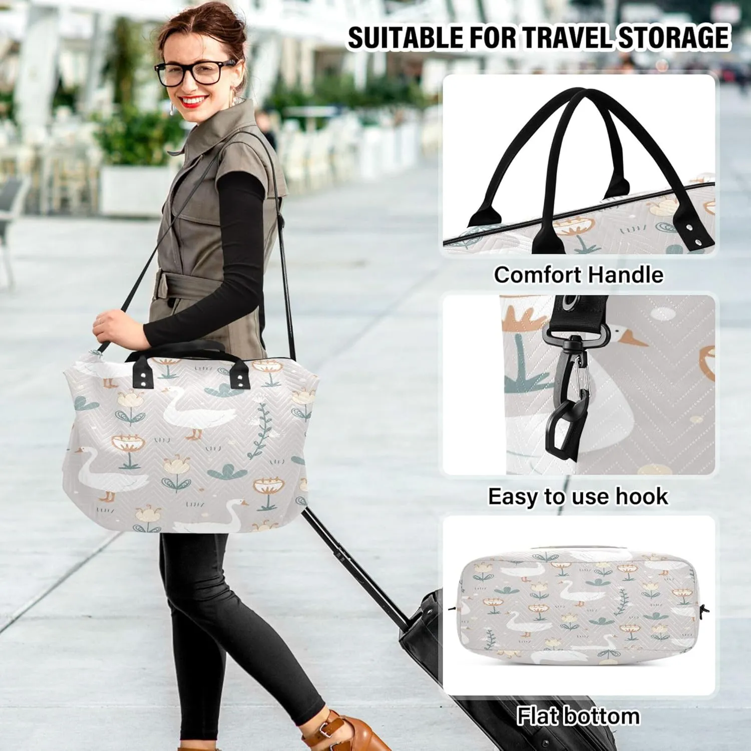 Exnundod Women Weekender Bags Goose Doodle Flowers Travel Duffel Bags Carry On Overnight Bag Farm Meadow Cute Large Hospital Tote Luggage