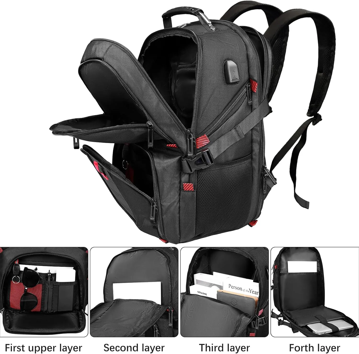 Extra Large Travel Backpack, 50L Laptop Backpacks for Men, Big Capacity Computer College Backpack TSA Airline Approved Business Work Bag With USB Charging Port, Gifts For Him Black