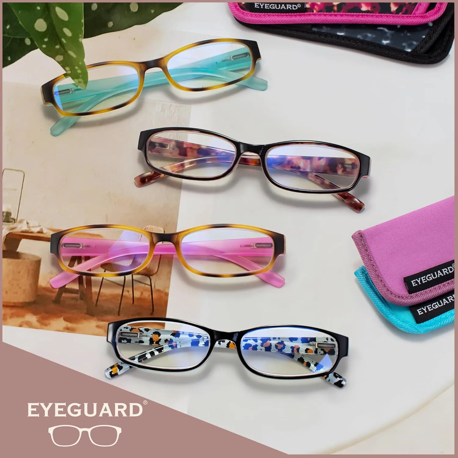 EYEGUARD 4 Pack Blue Light Reading Glasses for Women Computer Readers Fashion Spring Hinge Eyeglasses 1.00