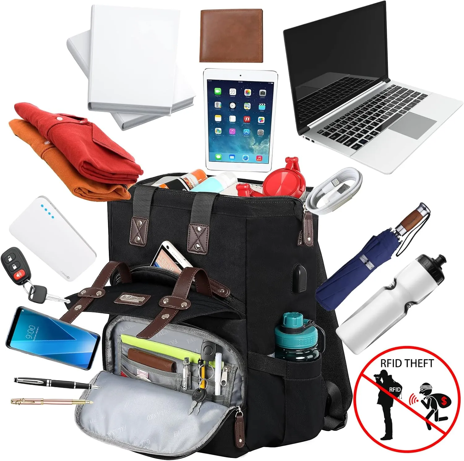 FALANKO Laptop Backpack For Women, Work Doctor Teacher Nurse Wide Open College 17.3 Inch Laptops Backpack Purse with USB Charging Port, Travel Water Resistant RFID Computer Bag for Men Women Black
