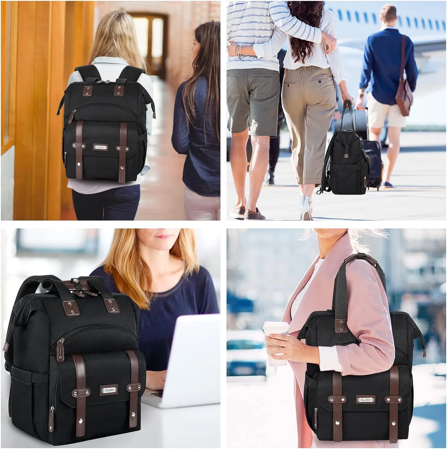 FALANKO Laptop Backpack For Women, Work Doctor Teacher Nurse Wide Open College 17.3 Inch Laptops Backpack Purse with USB Charging Port, Travel Water Resistant RFID Computer Bag for Men Women Black