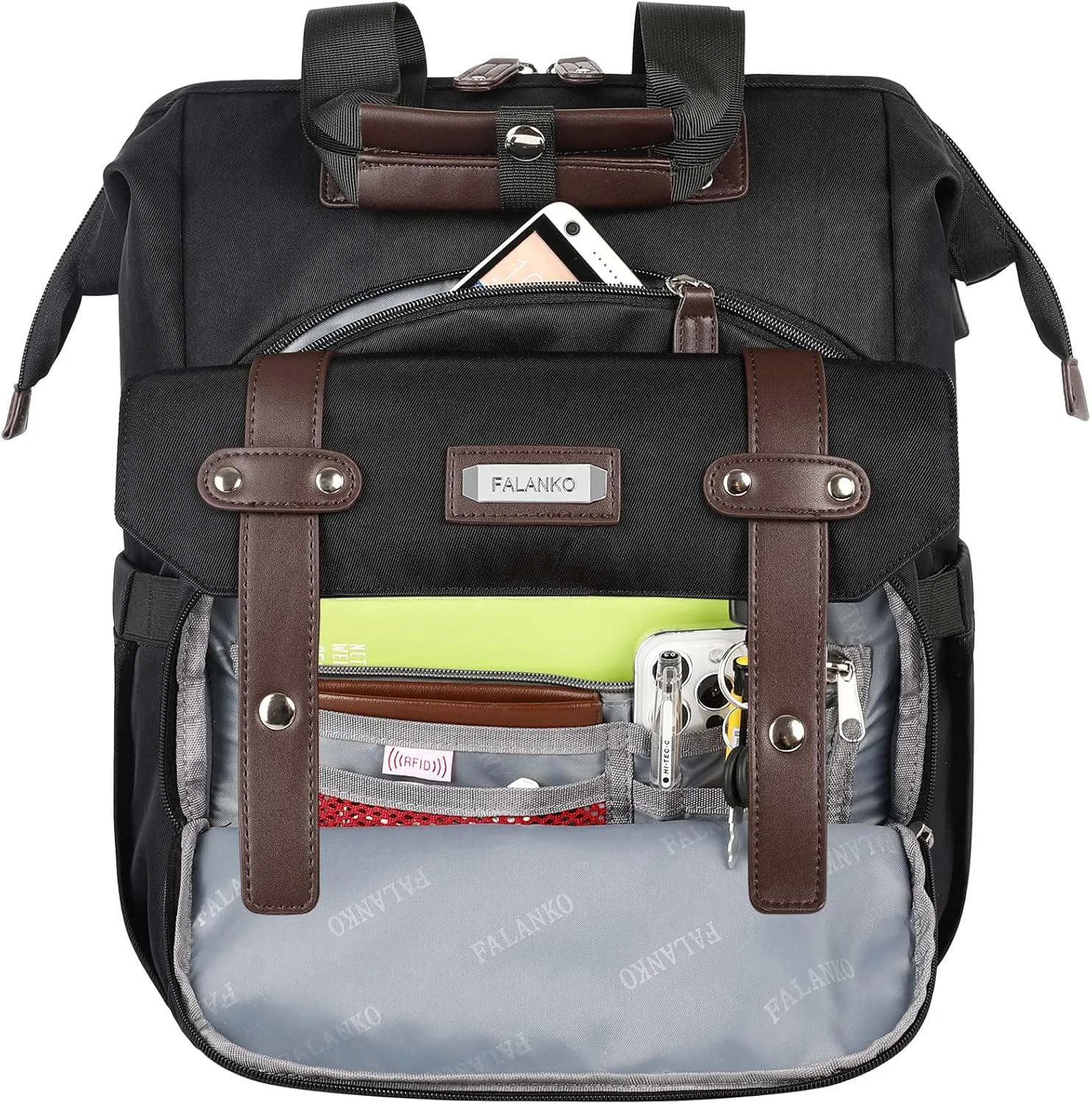FALANKO Laptop Backpack For Women, Work Doctor Teacher Nurse Wide Open College 17.3 Inch Laptops Backpack Purse with USB Charging Port, Travel Water Resistant RFID Computer Bag for Men Women Black
