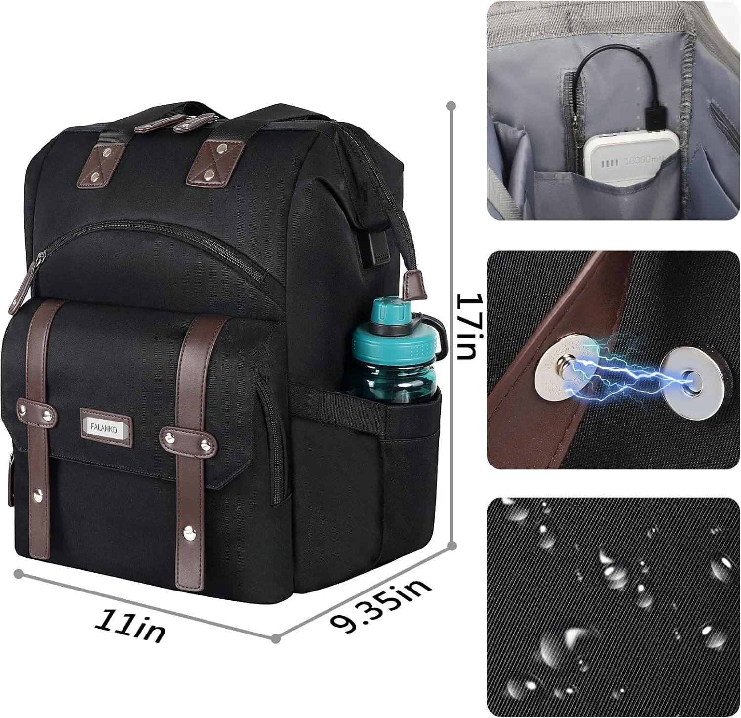FALANKO Laptop Backpack For Women, Work Doctor Teacher Nurse Wide Open College 17.3 Inch Laptops Backpack Purse with USB Charging Port, Travel Water Resistant RFID Computer Bag for Men Women Black