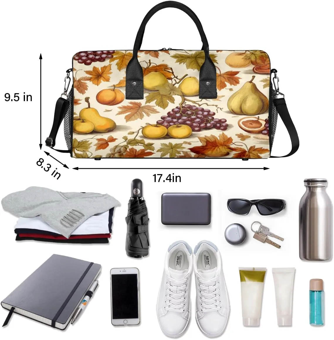 Fall Grapes Pear Travel Duffle Bag for Women Men Foldable Waterproof Weekender Bag Carry on Tote for Overnight Sports Gym Autumn Fruits