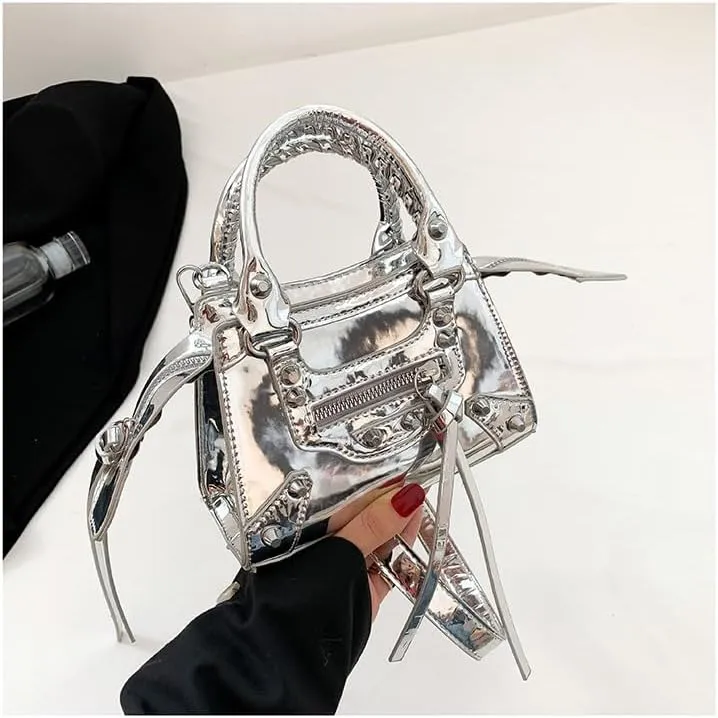 Fashion Crossbody Bag for Women, Shiny Y2K Shoulder Bag Handbags Top Handle Bag Women Ladies Grunge Sling Purse Casual (silver)