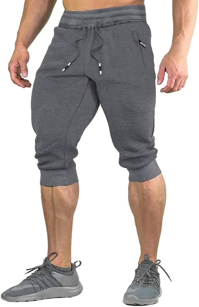 FASKUNOIE Men's Cotton Casual Shorts 3/4 Jogger Capri Pants Breathable Below Knee Short Pants with Three Pockets