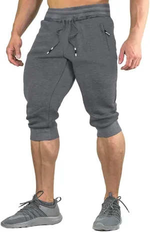 FASKUNOIE Men's Cotton Casual Shorts 3/4 Jogger Capri Pants Breathable Below Knee Short Pants with Three Pockets