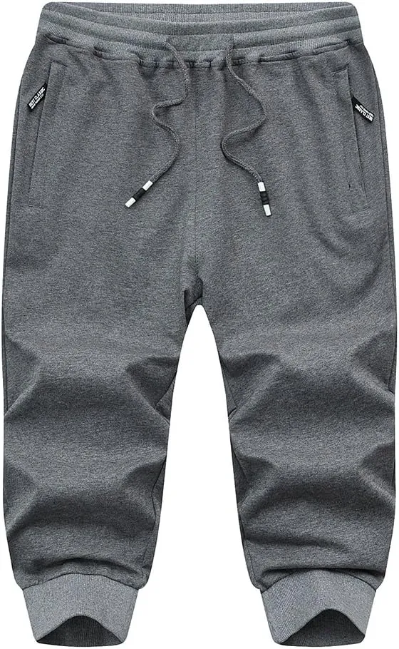 FASKUNOIE Men's Cotton Casual Shorts 3/4 Jogger Capri Pants Breathable Below Knee Short Pants with Three Pockets