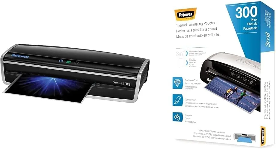 Fellowes Laminator Venus 2 125, Rapid 30-60 Second Warm-up Laminating Machine & Thermal Laminating Pouches, Letter Size Sheets, 3mil, 300 Pack