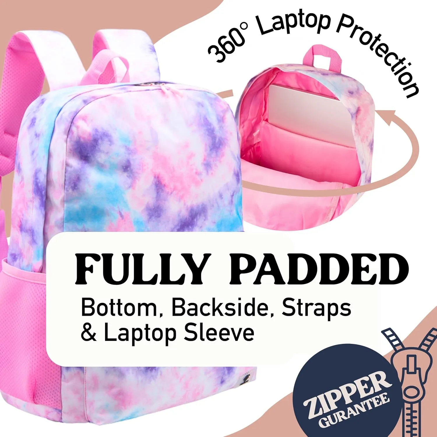Fenrici Girls' Backpack for Kids, Tie Dye Backpack for Girls, Kids' Bookbags with Padded Laptop Compartment, Pink Backpack, Tie Dye, 17 Inch