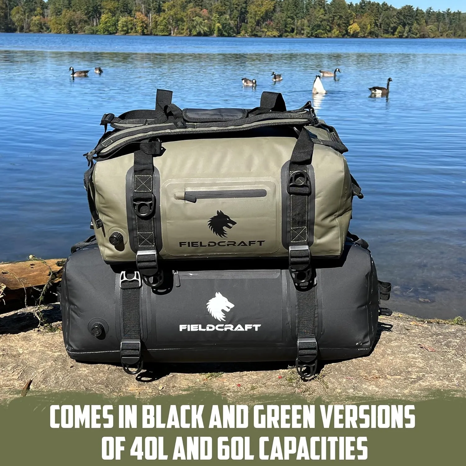 FIELDCRAFT SEA WOLF Waterproof Duffel Bag Inflatable Duffle Bag Backpack with Shoulder Straps for Outdoor Water Sports, Diving, Boating, Fishing, Kayaking, Camping, Hiking (Green, 60L)