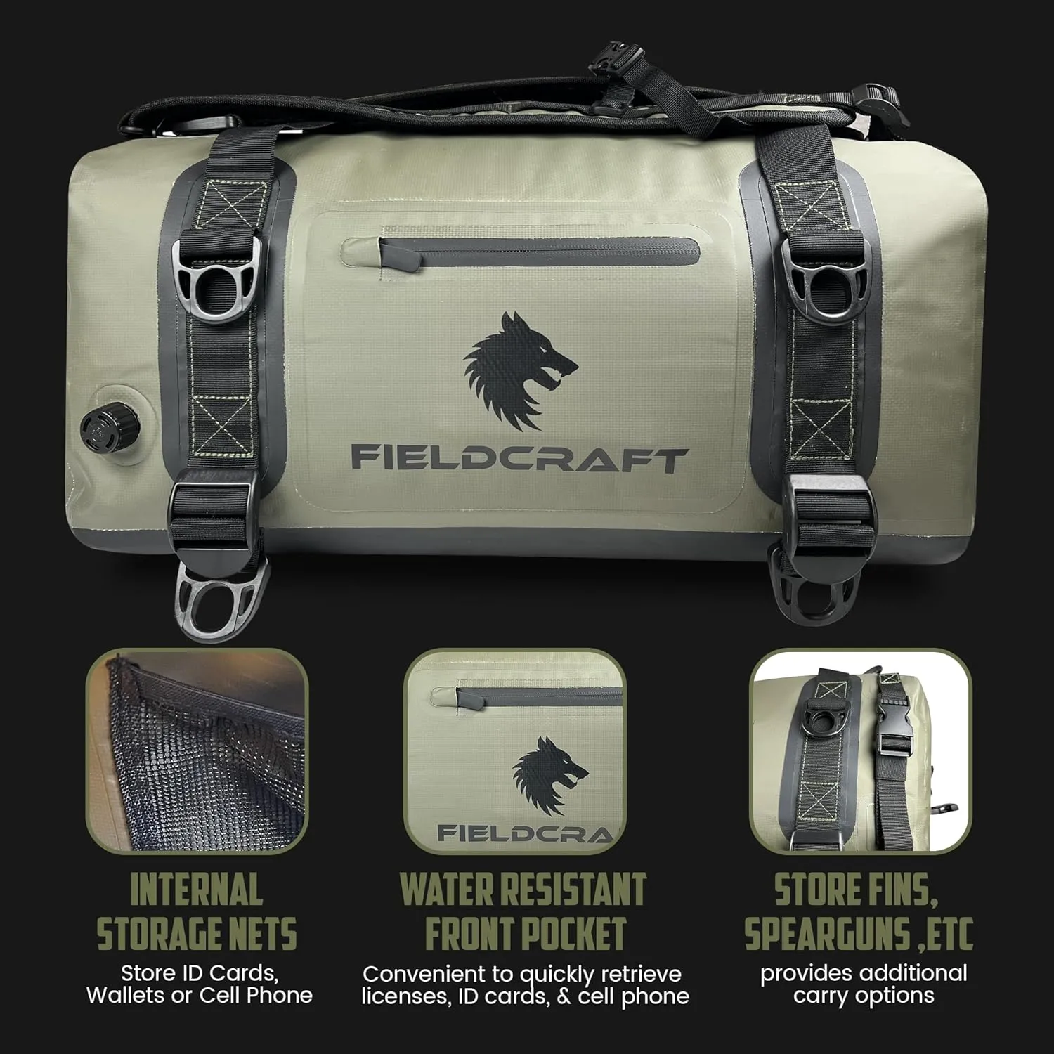 FIELDCRAFT SEA WOLF Waterproof Duffel Bag Inflatable Duffle Bag Backpack with Shoulder Straps for Outdoor Water Sports, Diving, Boating, Fishing, Kayaking, Camping, Hiking (Green, 60L)