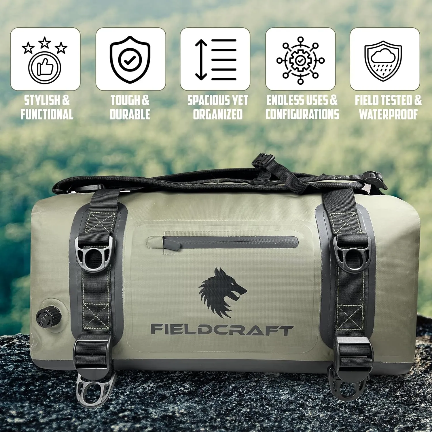 FIELDCRAFT SEA WOLF Waterproof Duffel Bag Inflatable Duffle Bag Backpack with Shoulder Straps for Outdoor Water Sports, Diving, Boating, Fishing, Kayaking, Camping, Hiking (Green, 60L)