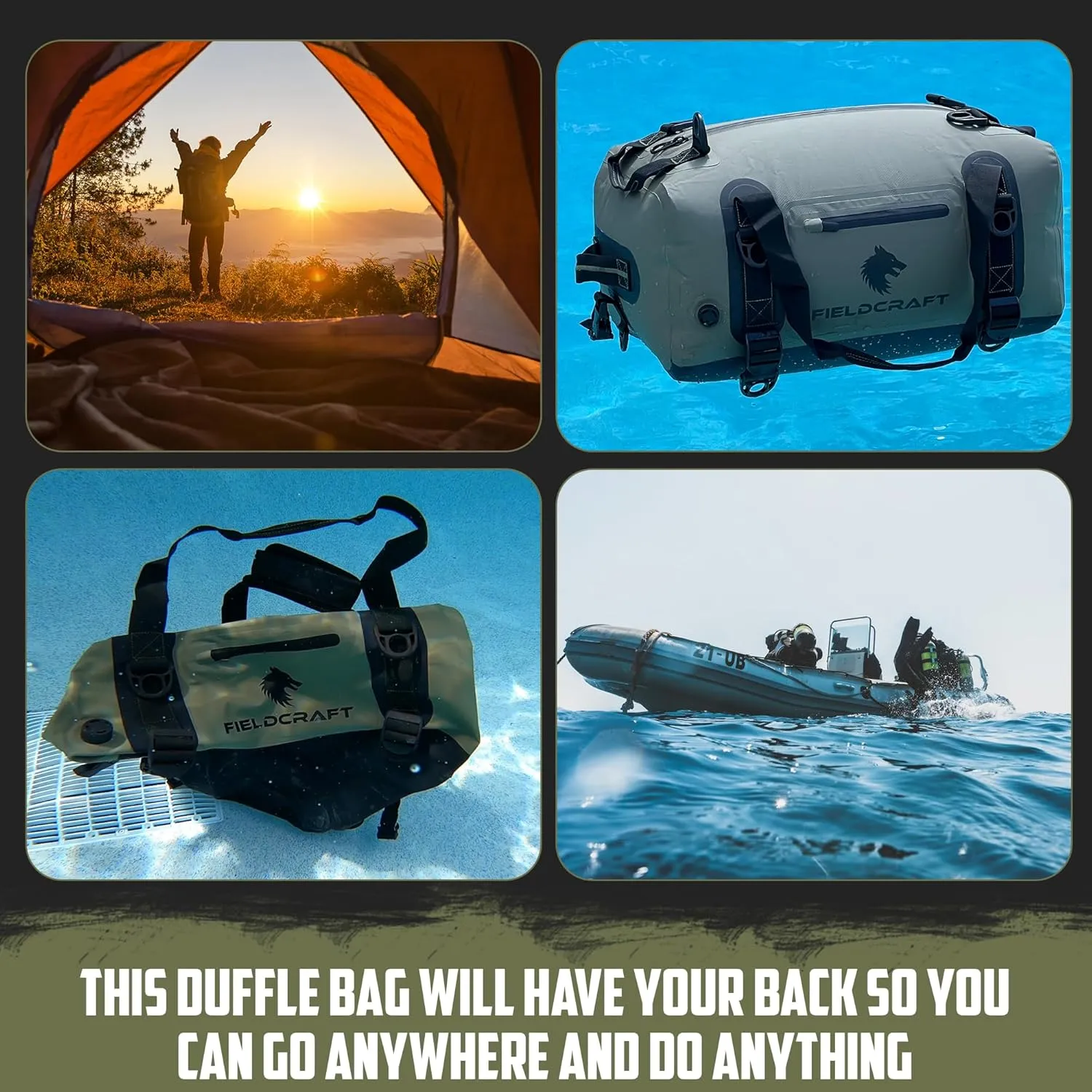 FIELDCRAFT SEA WOLF Waterproof Duffel Bag Inflatable Duffle Bag Backpack with Shoulder Straps for Outdoor Water Sports, Diving, Boating, Fishing, Kayaking, Camping, Hiking (Green, 60L)