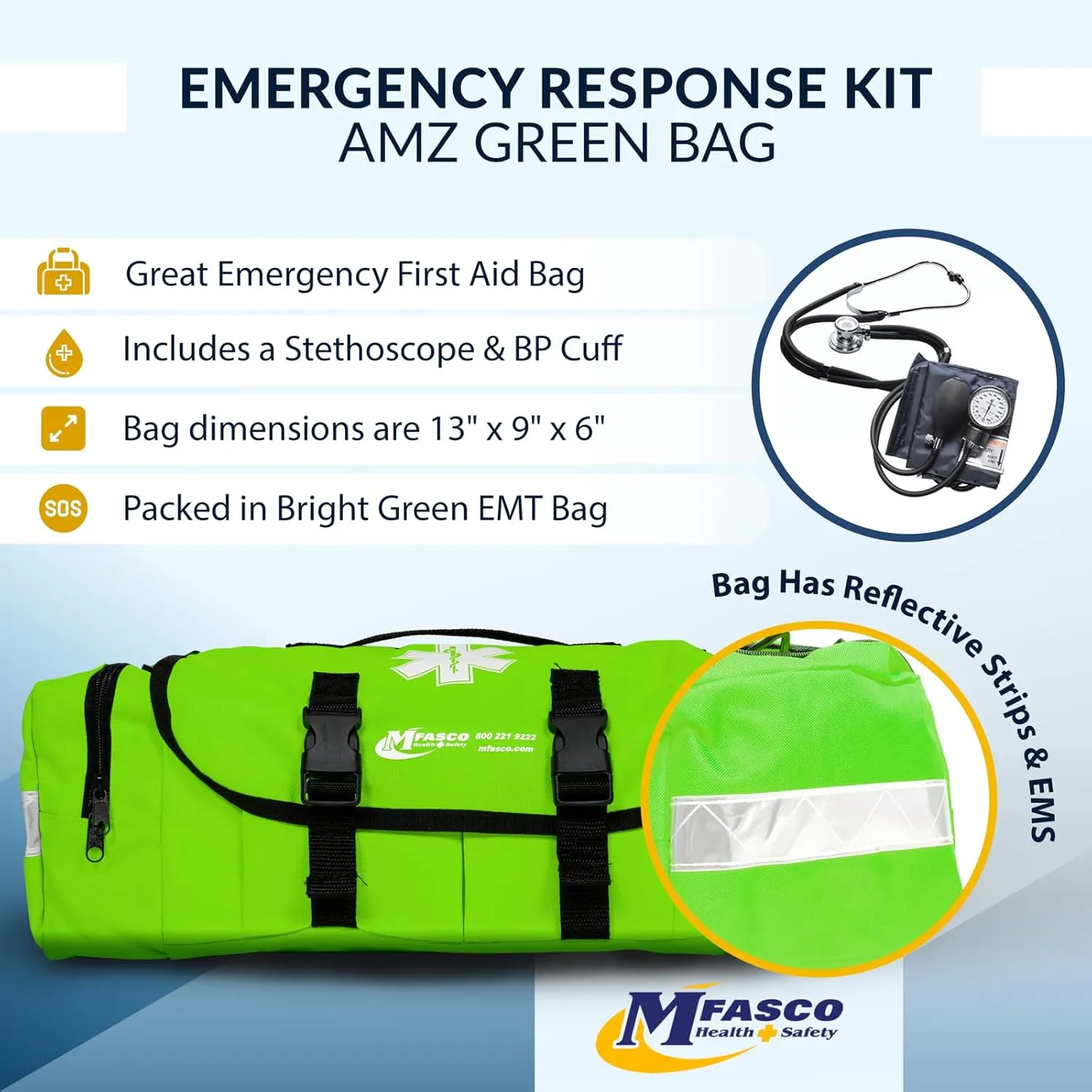 First Aid Kit - Fully Stocked Portable Reflective Bag -First Responder Emergency Response Kit-for Natural Disaster Preparedness-Customizable Storage-Includes 415 Pcs First Aid Supplies - Lime Green