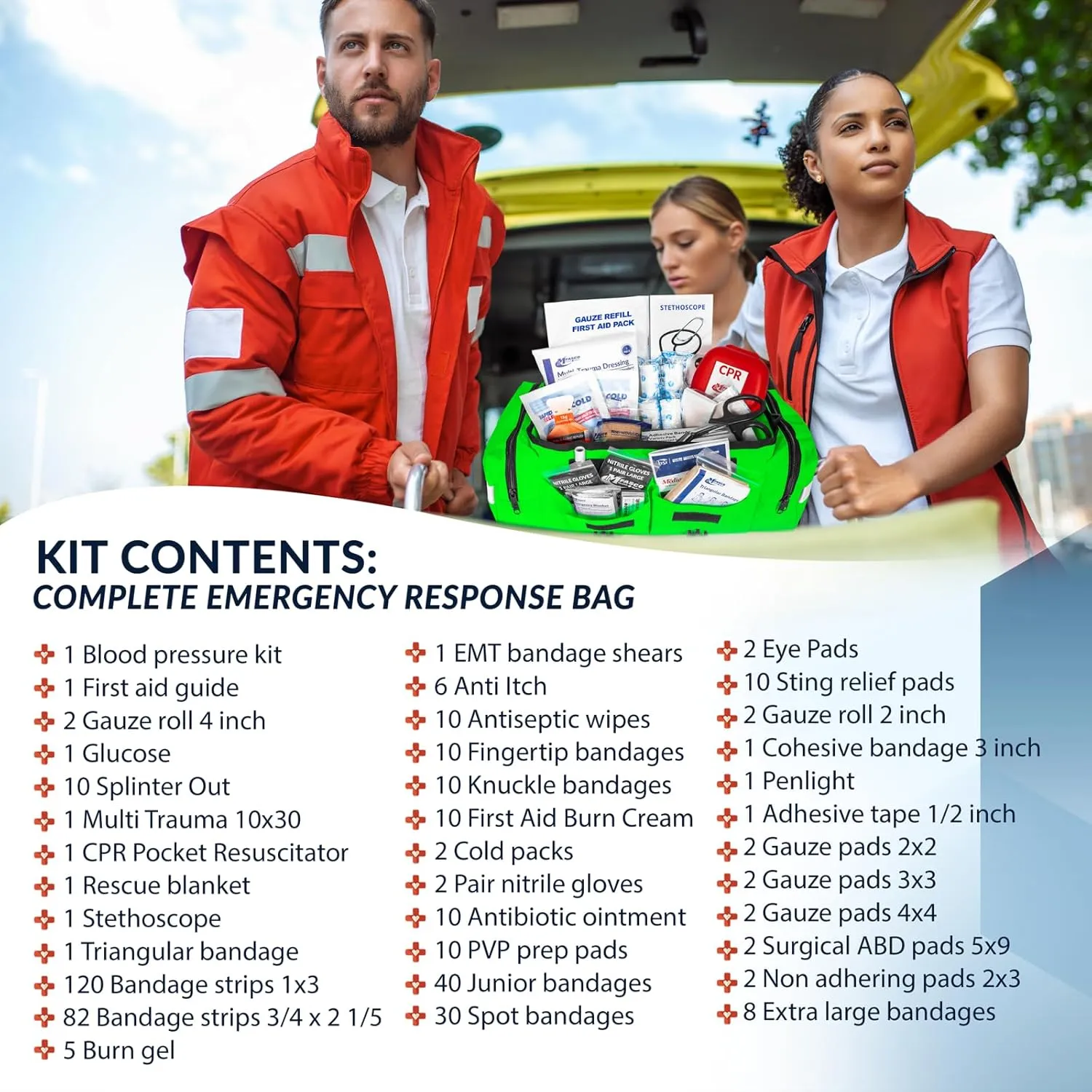 First Aid Kit - Fully Stocked Portable Reflective Bag -First Responder Emergency Response Kit-for Natural Disaster Preparedness-Customizable Storage-Includes 415 Pcs First Aid Supplies - Lime Green