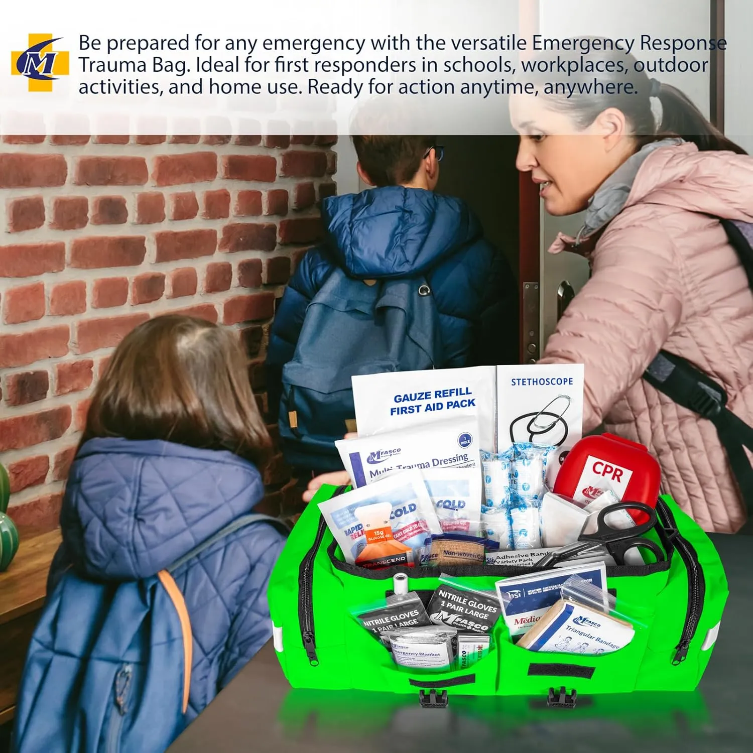 First Aid Kit - Fully Stocked Portable Reflective Bag -First Responder Emergency Response Kit-for Natural Disaster Preparedness-Customizable Storage-Includes 415 Pcs First Aid Supplies - Lime Green