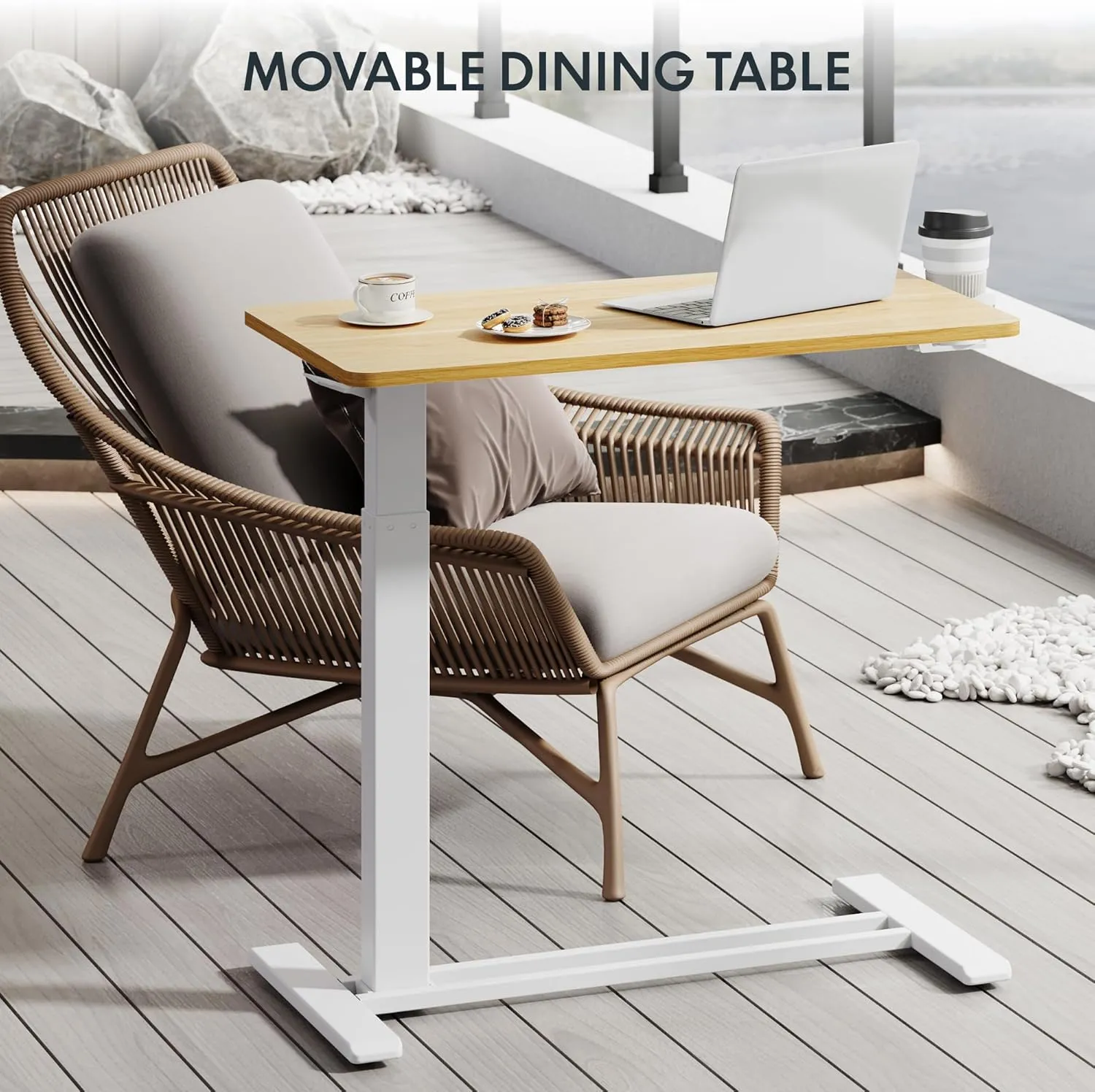 FLEXISPOT H7 Adjustable Overbed Bedside Table with Wheels Pneumatic Mobile Standing Desk Laptop Desk Rolling Computer Cart Movable Overbed Table Hospital Home Use(27.6" W x 15.7" D, Maple Table)