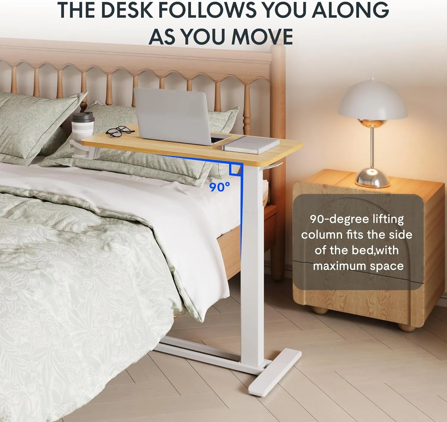 FLEXISPOT H7 Adjustable Overbed Bedside Table with Wheels Pneumatic Mobile Standing Desk Laptop Desk Rolling Computer Cart Movable Overbed Table Hospital Home Use(27.6" W x 15.7" D, Maple Table)