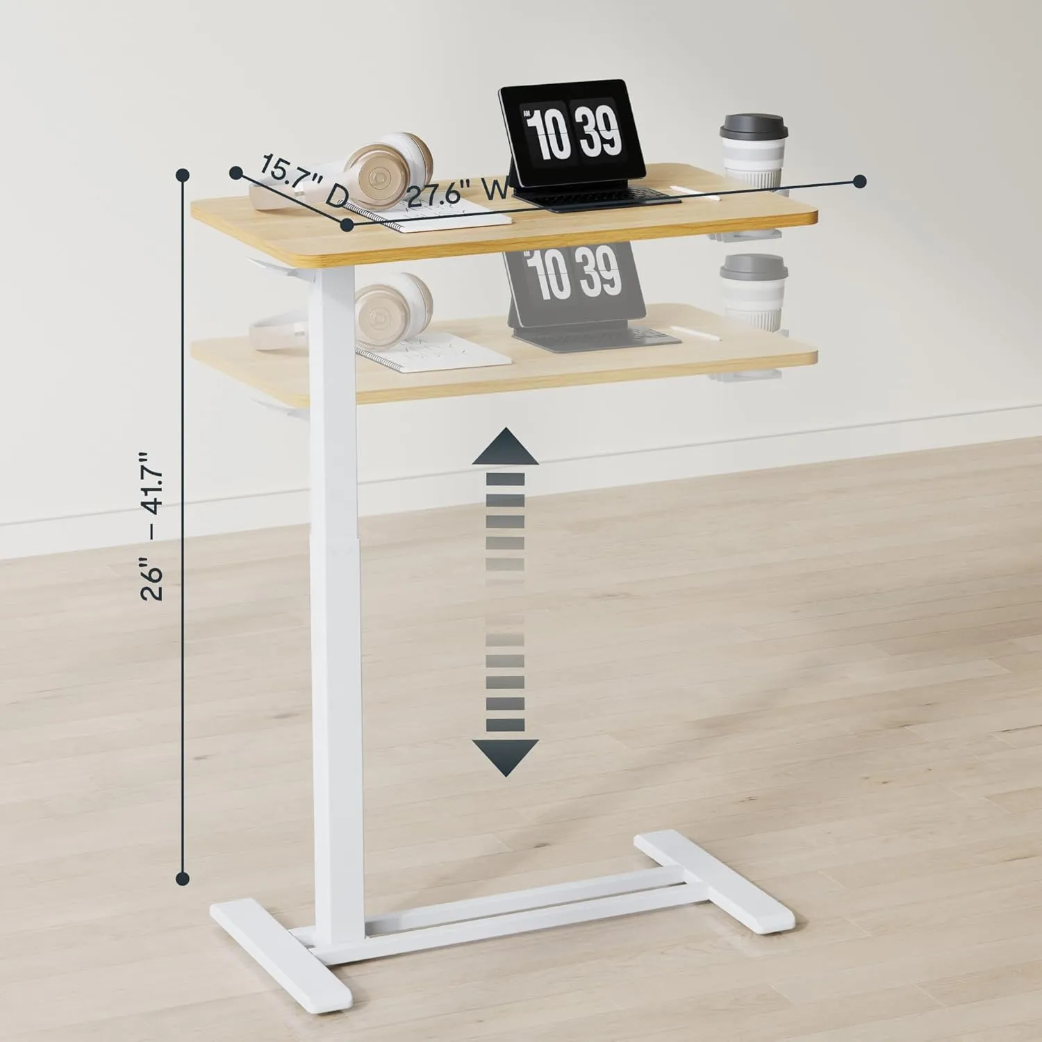 FLEXISPOT H7 Adjustable Overbed Bedside Table with Wheels Pneumatic Mobile Standing Desk Laptop Desk Rolling Computer Cart Movable Overbed Table Hospital Home Use(27.6" W x 15.7" D, Maple Table)
