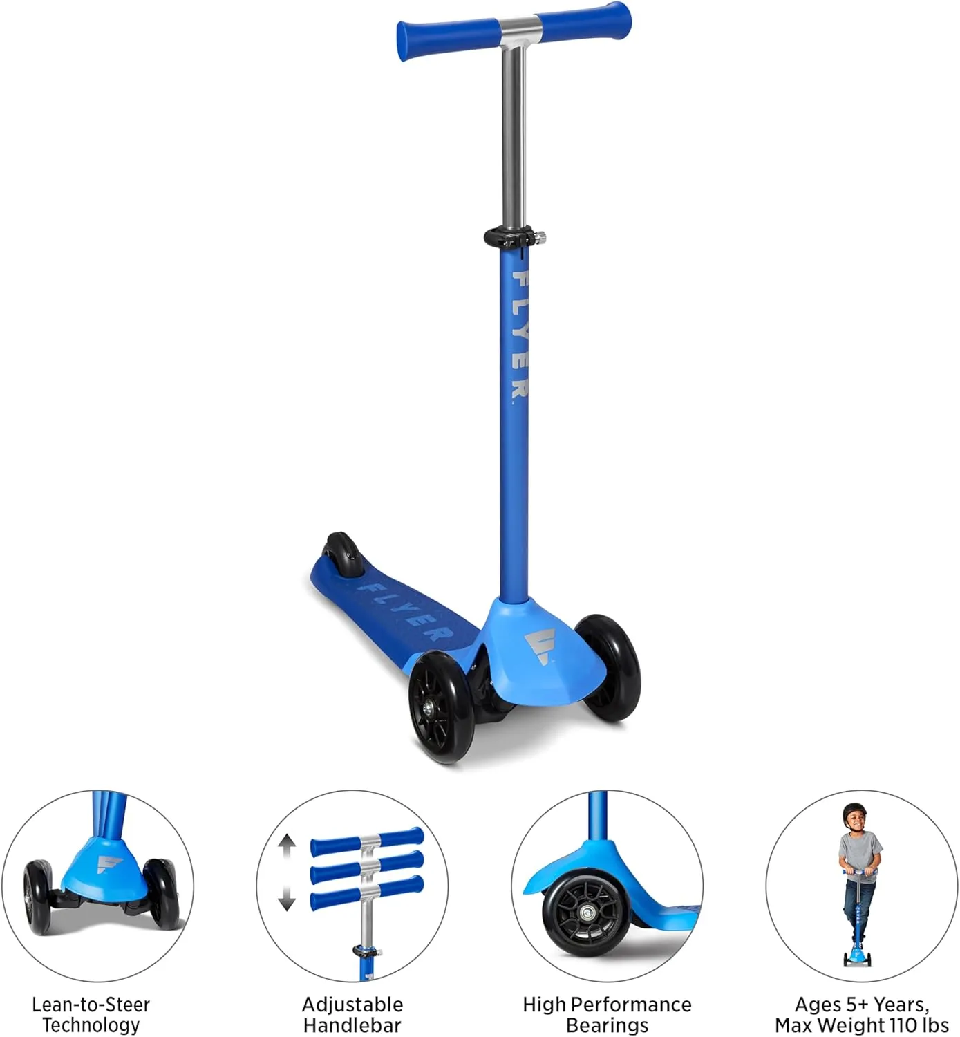 Flyer Glider Pro, Radio Flyer Lean to Steer Kids Scooter, Blue, for Kids Ages 5  Years