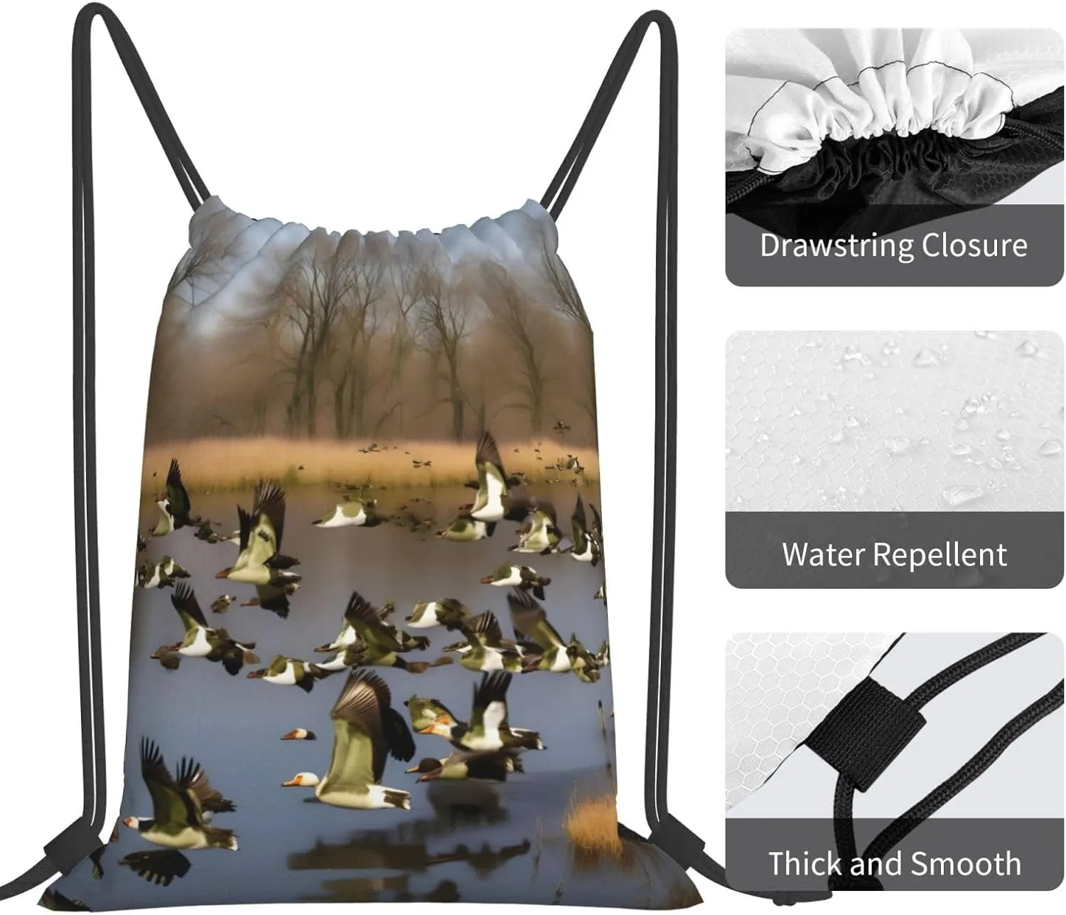 Flying Wild Ducks Print Sports Drawstring Backpack,Water Resistant Bag, Gym Backpack for Women Men