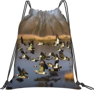 Flying Wild Ducks Print Sports Drawstring Backpack,Water Resistant Bag, Gym Backpack for Women Men