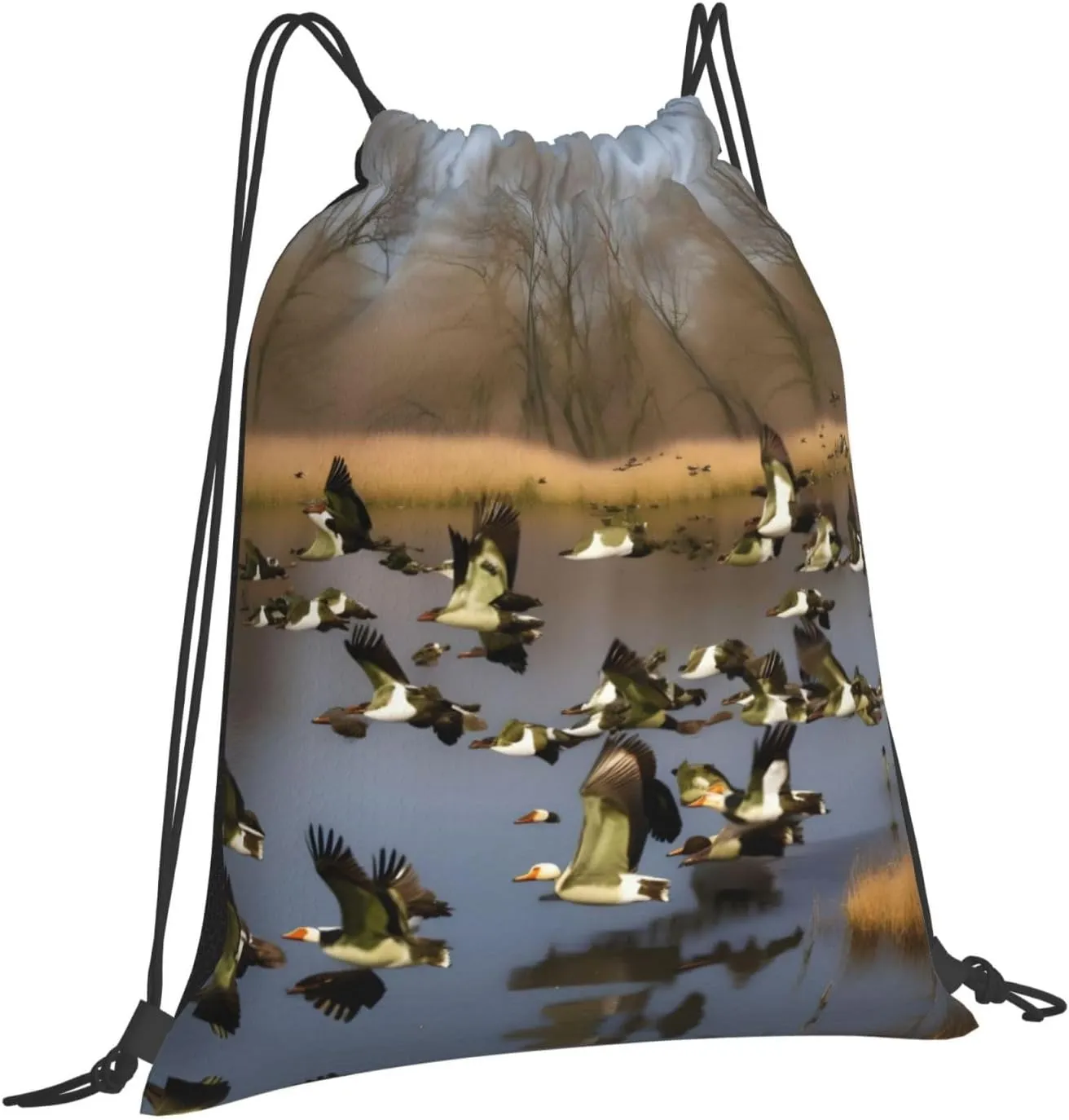 Flying Wild Ducks Print Sports Drawstring Backpack,Water Resistant Bag, Gym Backpack for Women Men