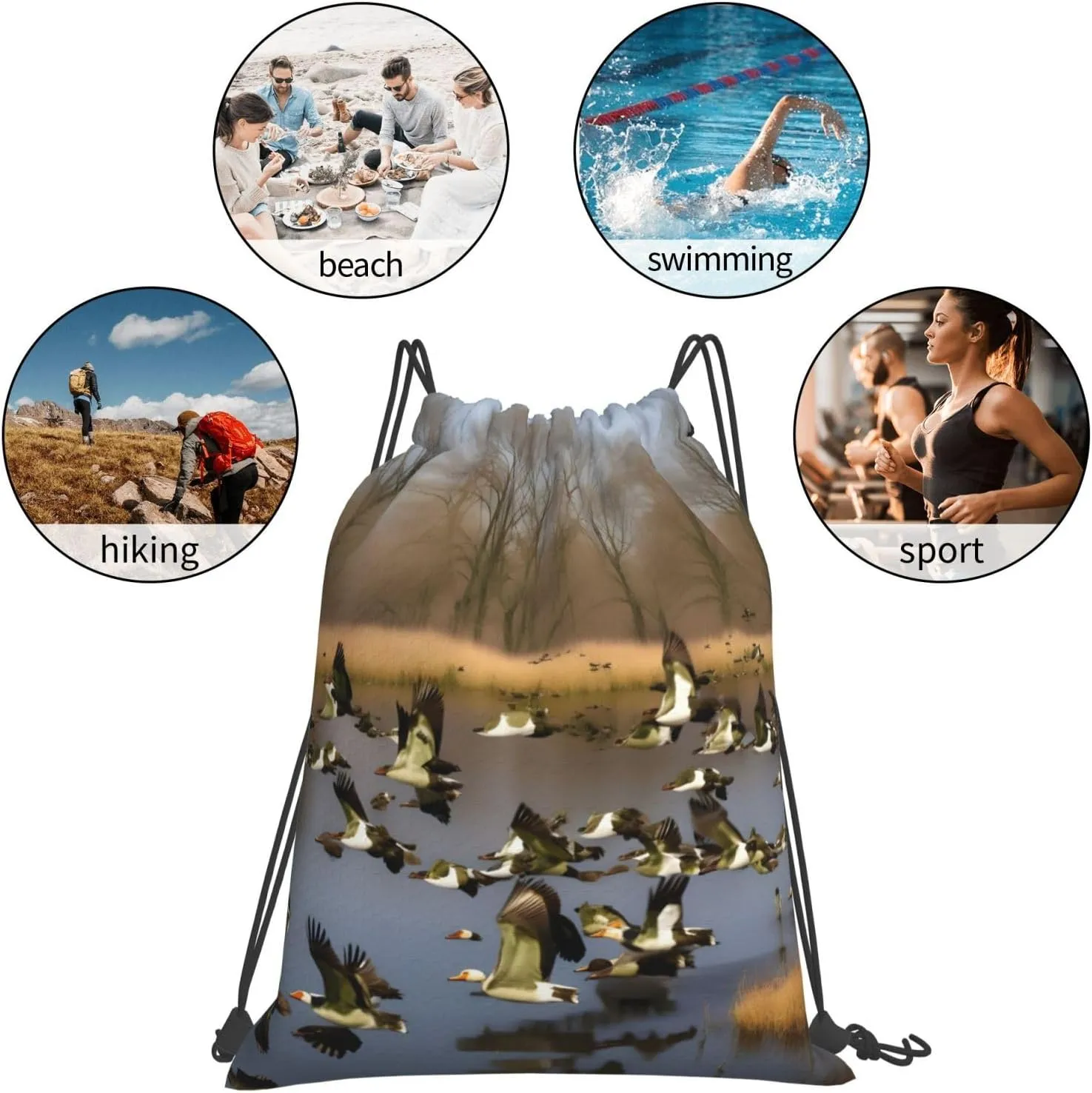 Flying Wild Ducks Print Sports Drawstring Backpack,Water Resistant Bag, Gym Backpack for Women Men