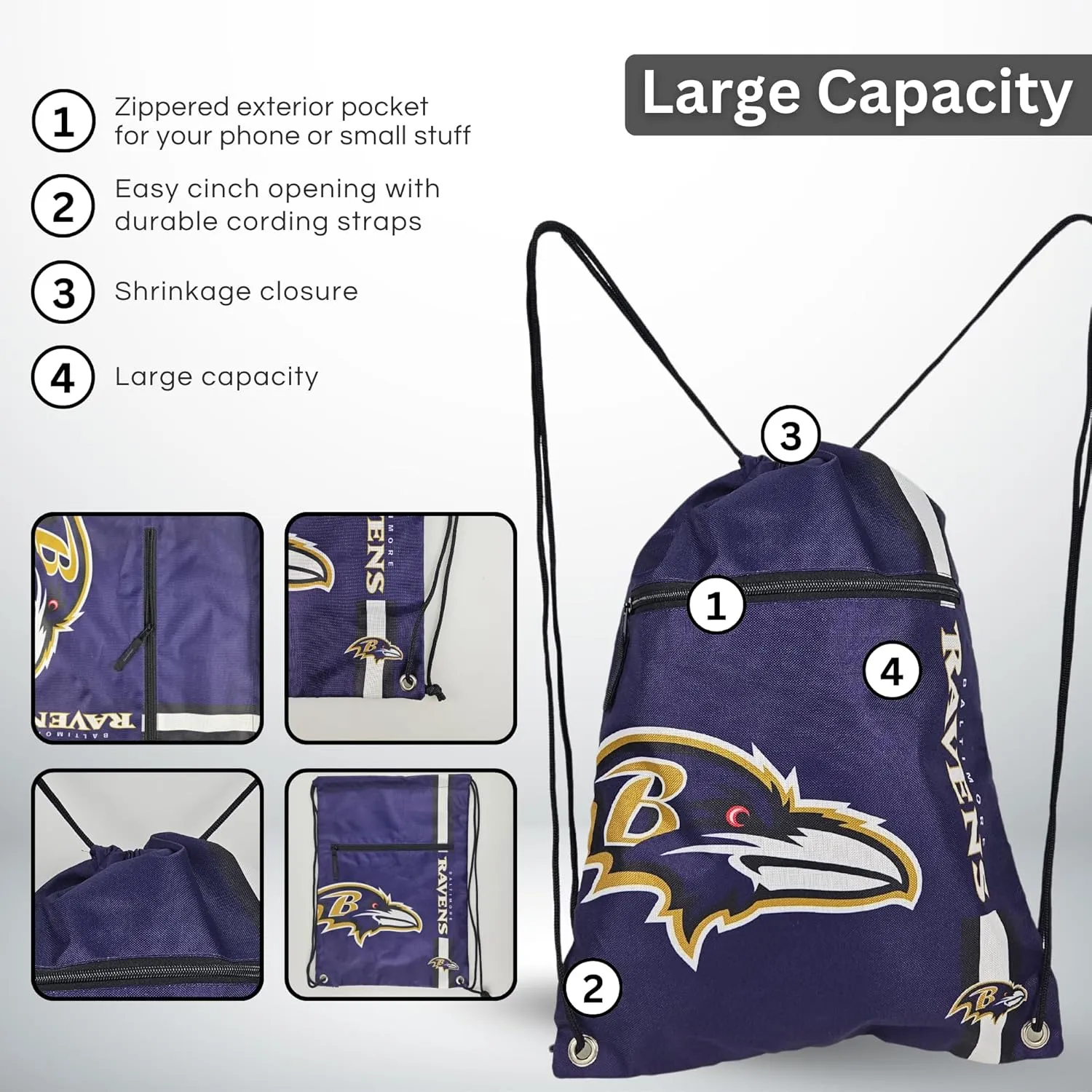FOCO Baltimore Ravens Big Logo Drawstring Backpack with Zippered Pocket – Limited Edition Ravens Bag – NFL Gear – Show Your Team Spirit with Officially Licensed Baltimore Fan Gear