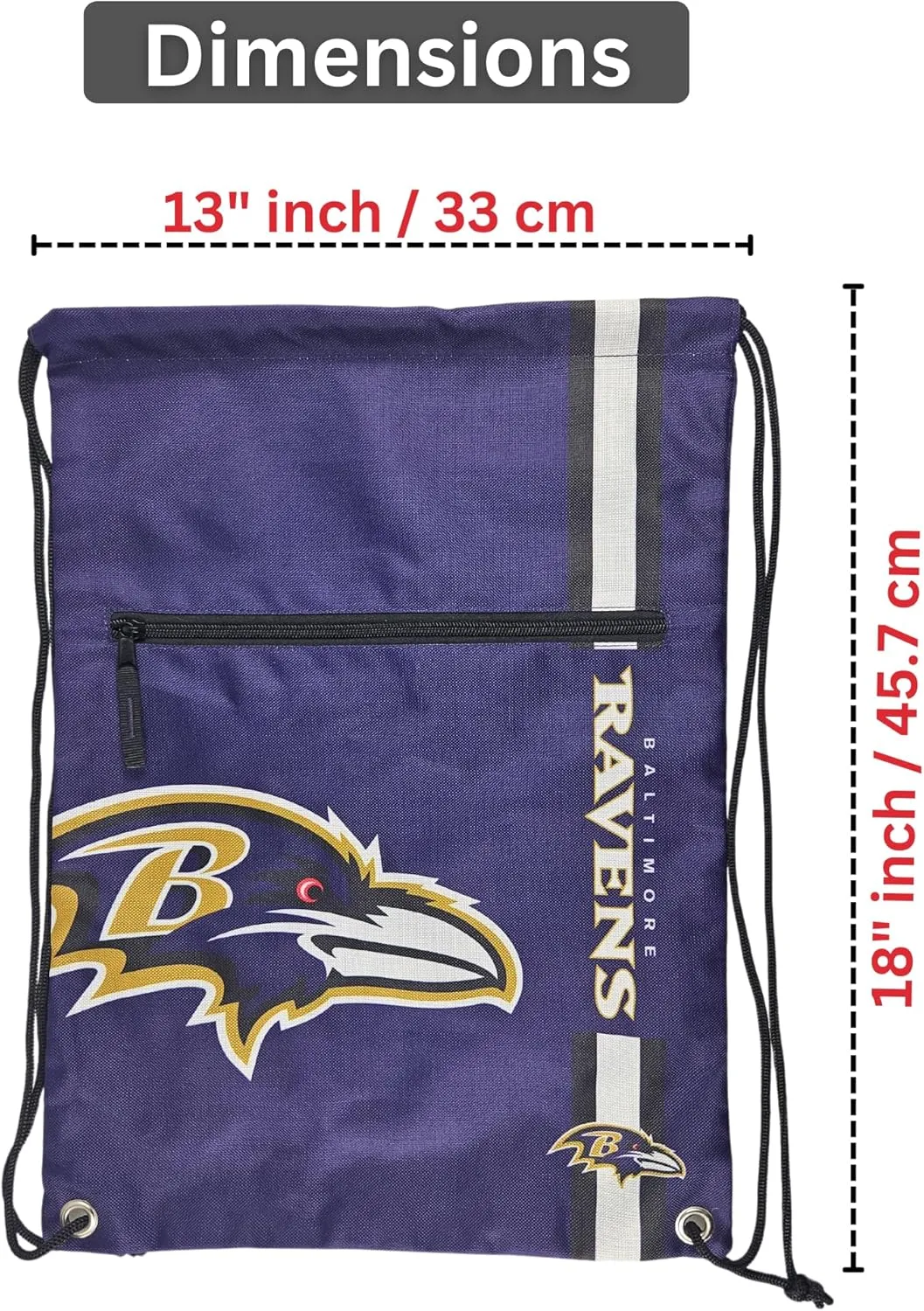 FOCO Baltimore Ravens Big Logo Drawstring Backpack with Zippered Pocket – Limited Edition Ravens Bag – NFL Gear – Show Your Team Spirit with Officially Licensed Baltimore Fan Gear