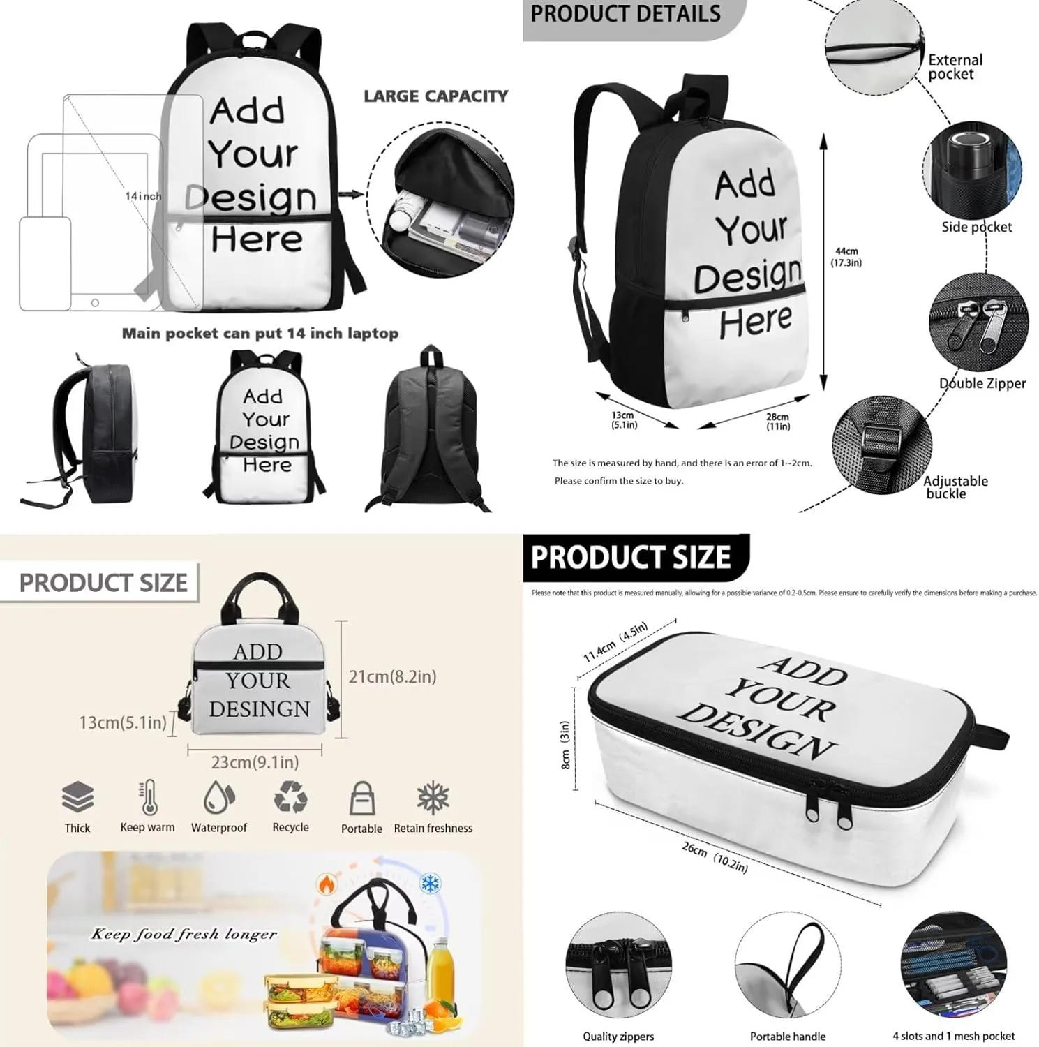 FOR U DESIGNS Custom Backpacks 3 Pcs Personalized Backpacks for Girls with Lunch Box Kindergarten School Bag 3rd Grade Large Capacity Book Bags for Classroom