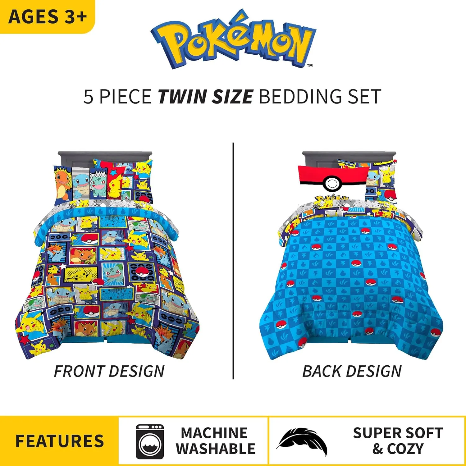 Franco Kids Bedding Super Soft Comforter and Sheet Set with Sham, 5 Piece Twin Size, Pokemon