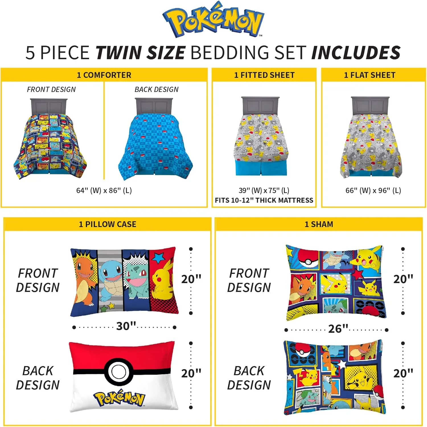 Franco Kids Bedding Super Soft Comforter and Sheet Set with Sham, 5 Piece Twin Size, Pokemon
