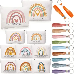 Fumete 20 Pcs Teacher Appreciation Gift Inspirational Rainbow Makeup Bag Rainbow Silicone Keychains Bulk Quotes Zipper Canvas Cosmetic Bag End of the Year Gifts for Teacher Graduation