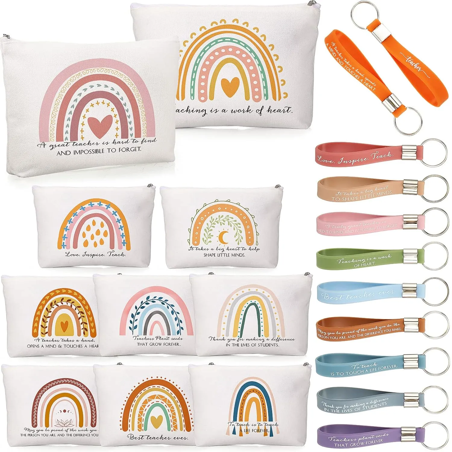 Fumete 20 Pcs Teacher Appreciation Gift Inspirational Rainbow Makeup Bag Rainbow Silicone Keychains Bulk Quotes Zipper Canvas Cosmetic Bag End of the Year Gifts for Teacher Graduation