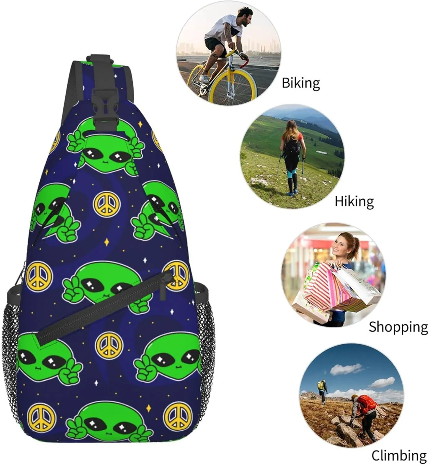 Funny Alien Sling Backpack Crossbody Bag, Chest Bag Daypack for Outdoors Hiking Traveling