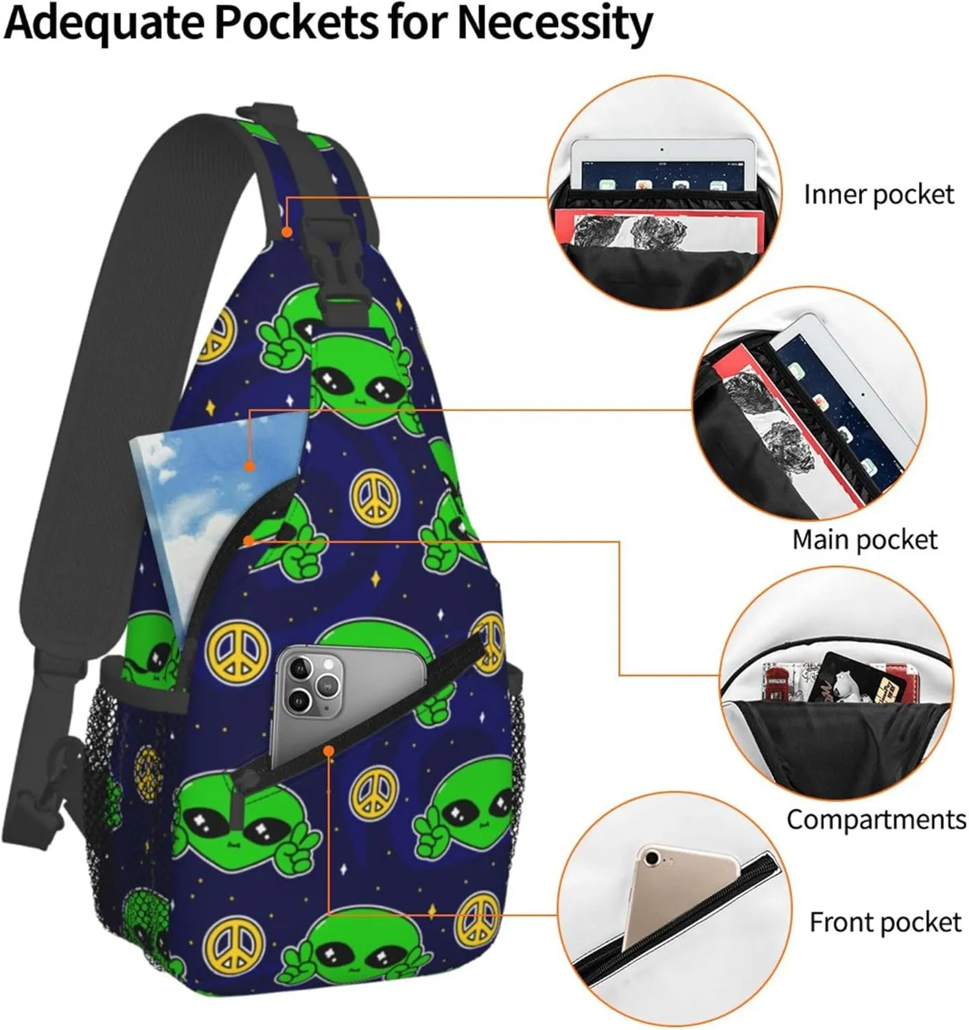 Funny Alien Sling Backpack Crossbody Bag, Chest Bag Daypack for Outdoors Hiking Traveling