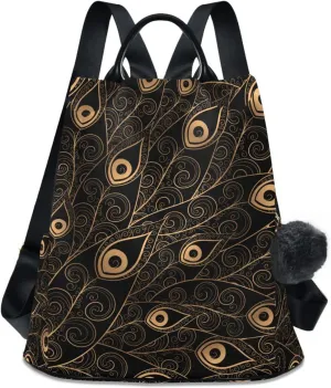 Fustylead Golden Black Peacock Feathers Fashion Backpack Purse for Women Anti Theft Back Pack Shoulder Bag