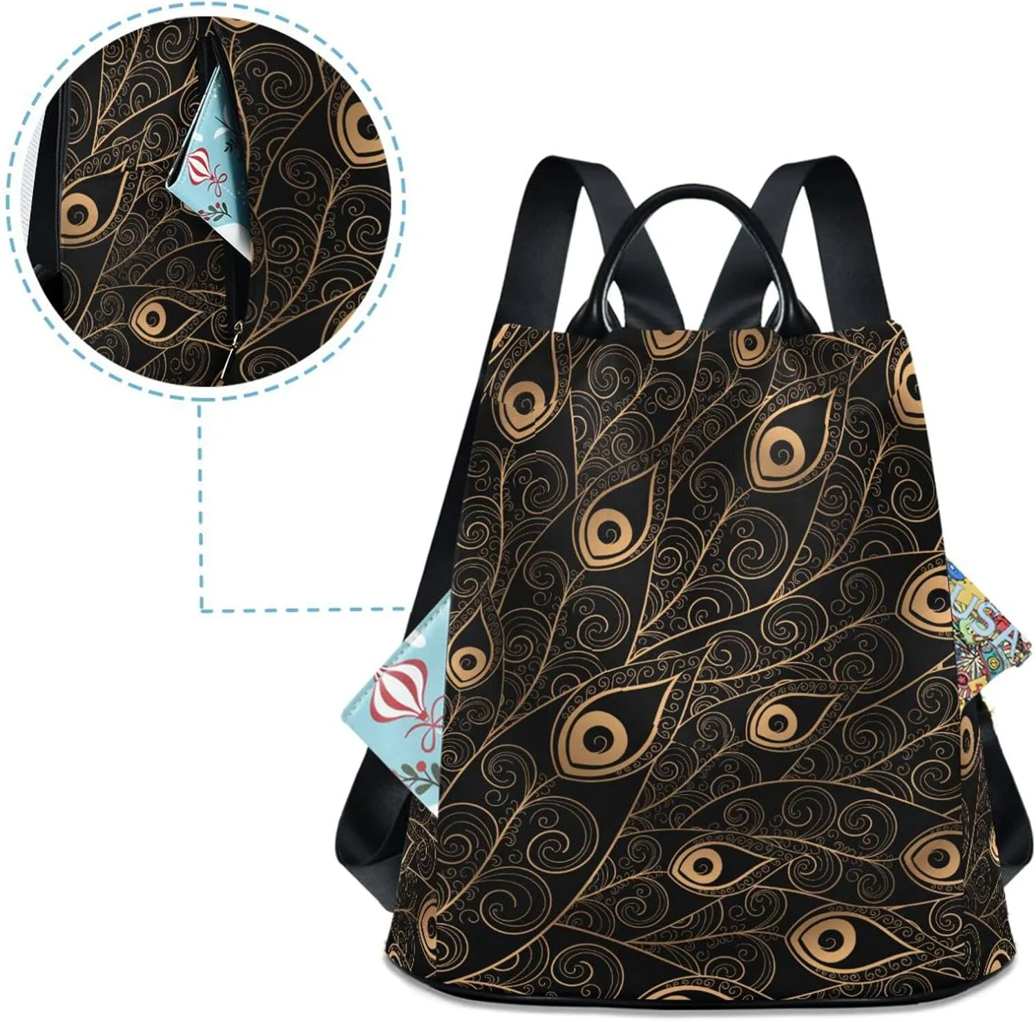 Fustylead Golden Black Peacock Feathers Fashion Backpack Purse for Women Anti Theft Back Pack Shoulder Bag
