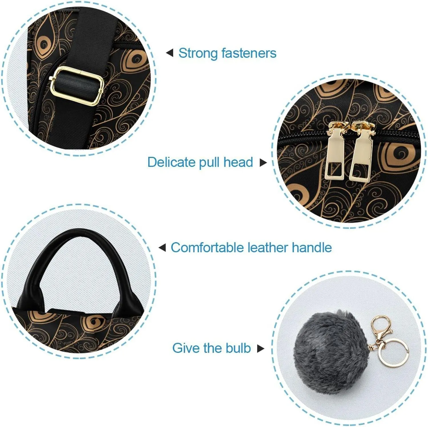 Fustylead Golden Black Peacock Feathers Fashion Backpack Purse for Women Anti Theft Back Pack Shoulder Bag
