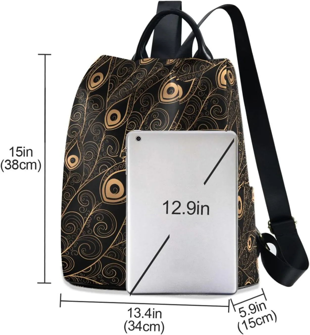 Fustylead Golden Black Peacock Feathers Fashion Backpack Purse for Women Anti Theft Back Pack Shoulder Bag