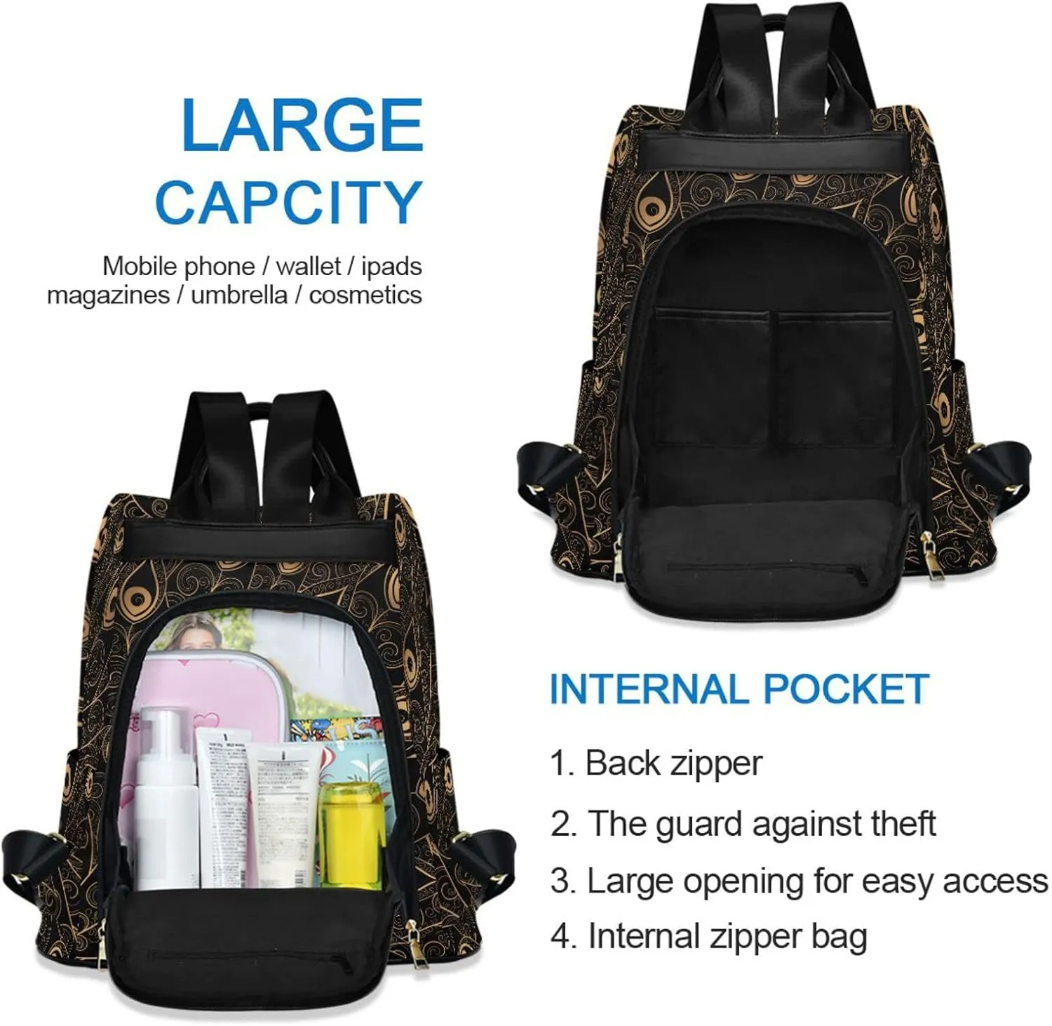 Fustylead Golden Black Peacock Feathers Fashion Backpack Purse for Women Anti Theft Back Pack Shoulder Bag